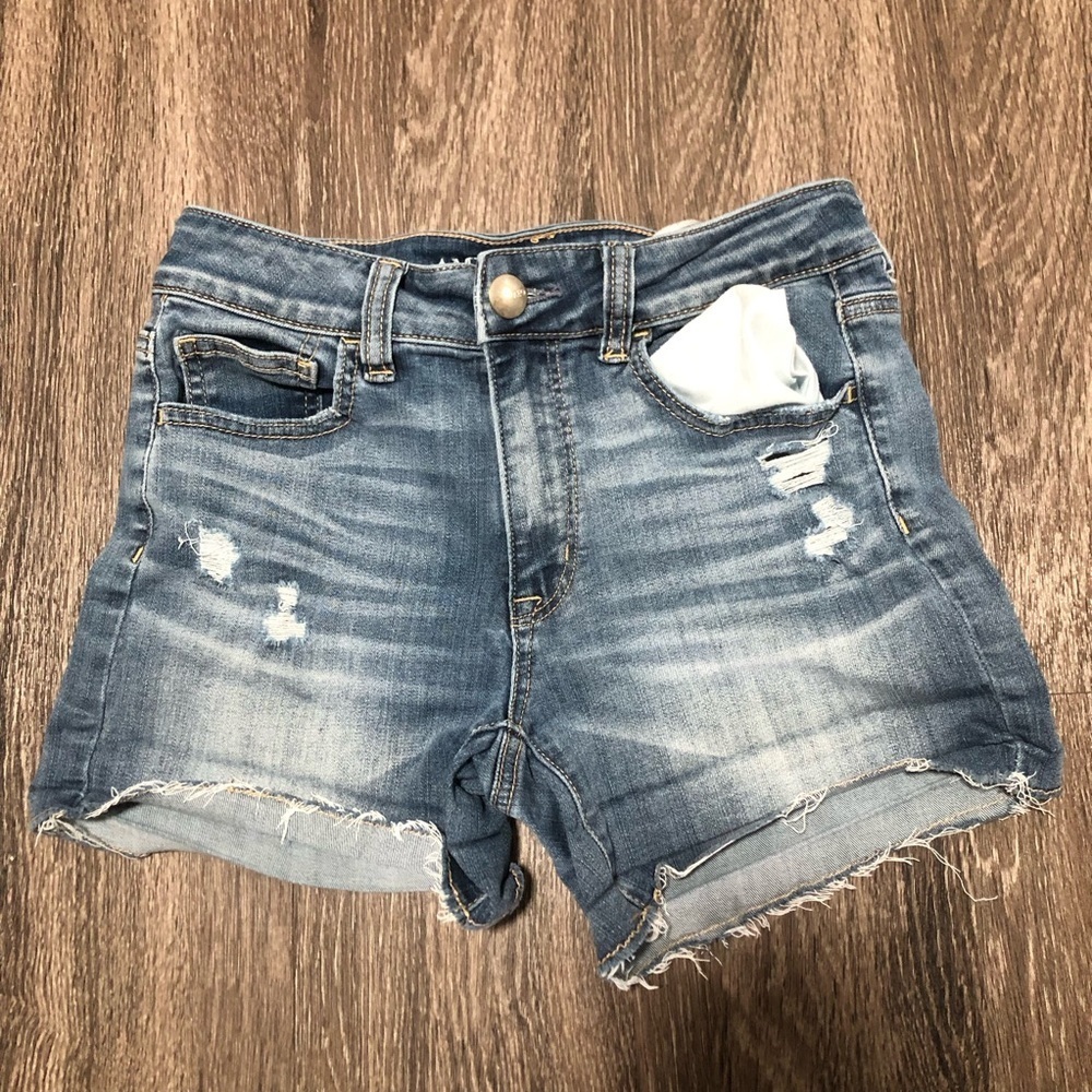 American Eagle Hi-Rise Shortie Super Super Stretch Distressed Denim Shorts Sz 4